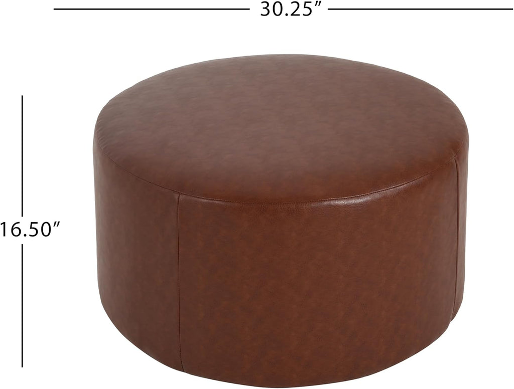 Christopher Knight Home GAVI 30' Ottoman Foot Stool, Faux Leather Pouf Footstool Ottoman Seat, Upholstered Foot Chair, Round Footrest, Modern Side Table for Living Room Bedroom Home Decor, Brown