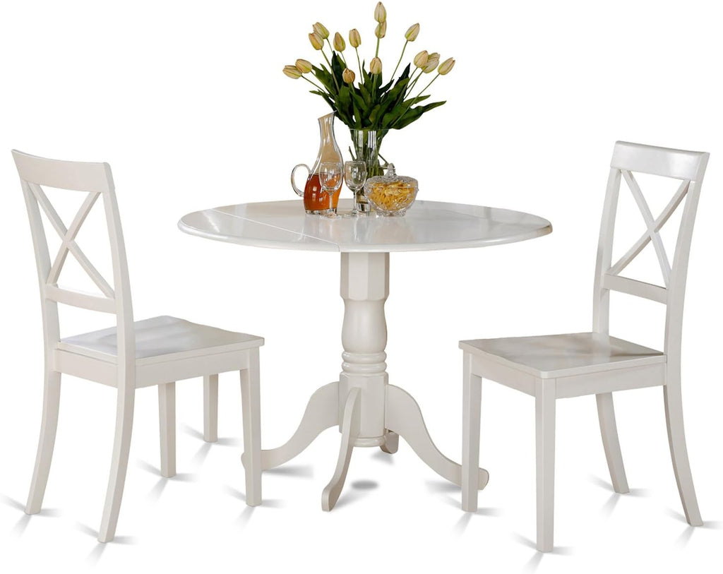 East West Furniture DLBO3-WHI-W 3 Piece Dining Room Table Set Contains a Round Kitchen Table with Dropleaf and 2 Dining Chairs, 42x42 Inch, Linen White