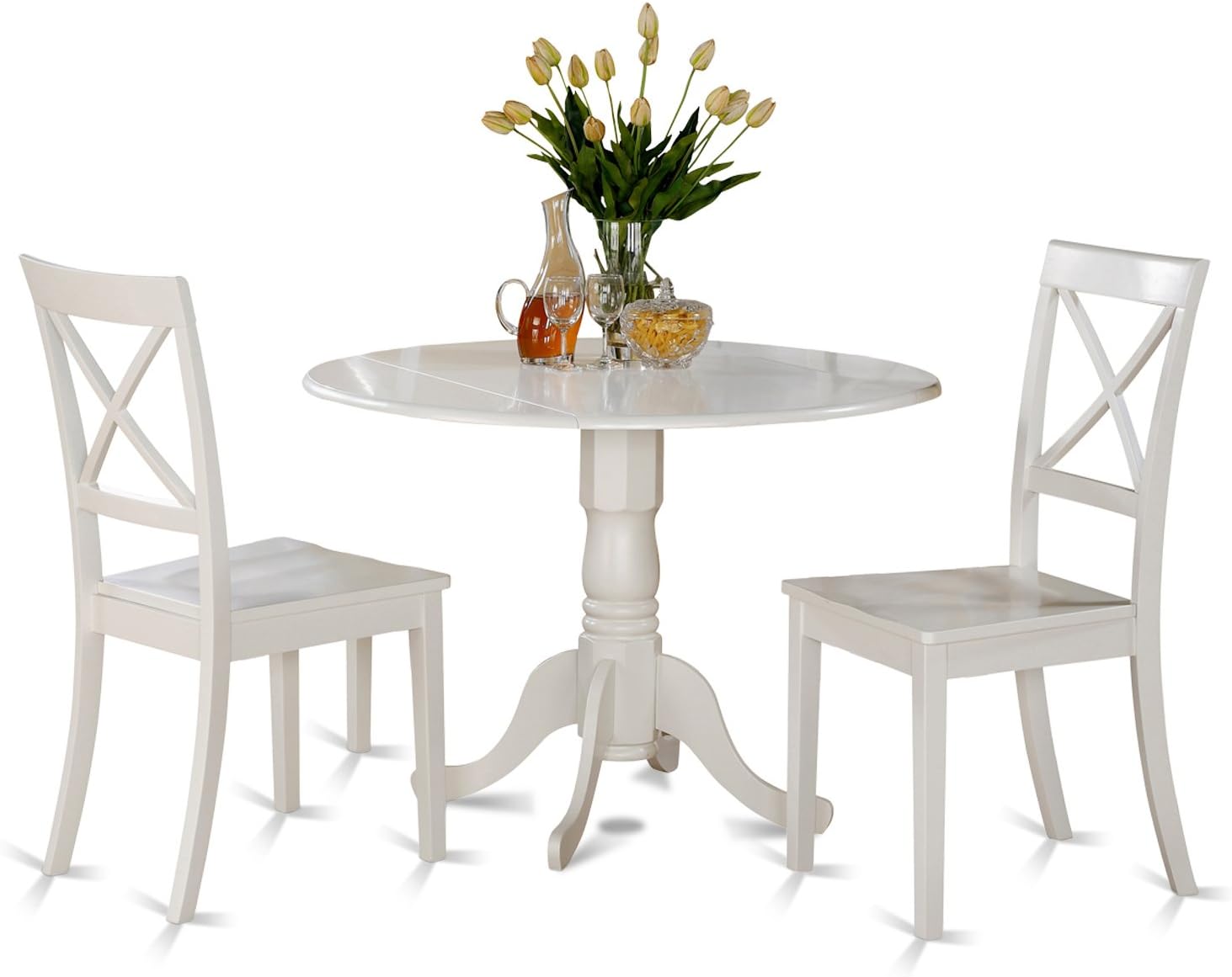 East West Furniture DLBO3-WHI-W 3 Piece Dining Room Table Set Contains a Round Kitchen Table with Dropleaf and 2 Dining Chairs, 42x42 Inch, Linen White