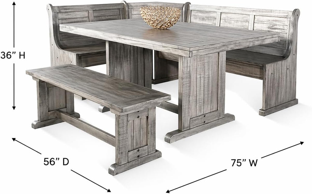 Pemberly Row 4-Pieces Dining Set Wood, Rectangular in Alpine Gray (36' H x 75' W x 56' D) for Kitchen, Dining Room with Table, Reversable Benches, and Storage Space