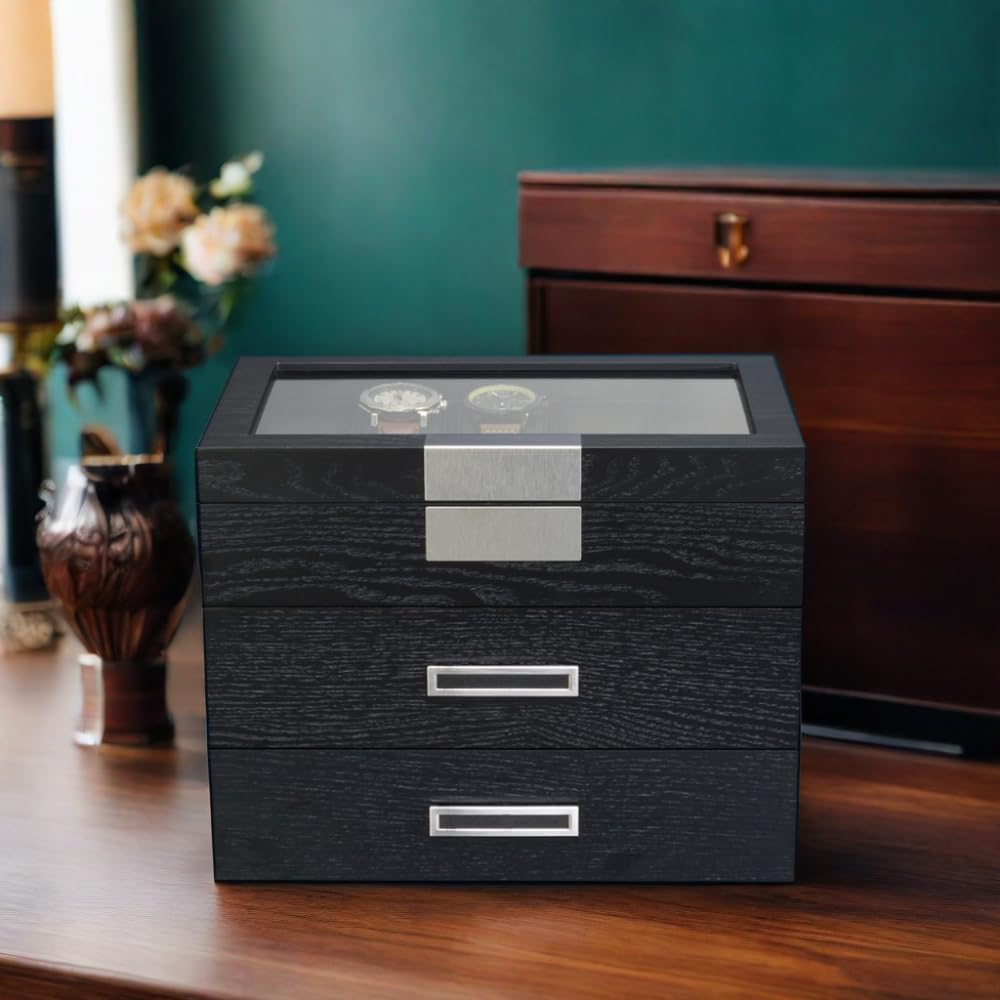 TIMELYBUYS 30 Black Ebony Wood Watch Extra Height Clearance Box Display Case 3 Level Storage Jewelry Organizer with Glass Top, Stainless Steel Accents, and 2 Drawers