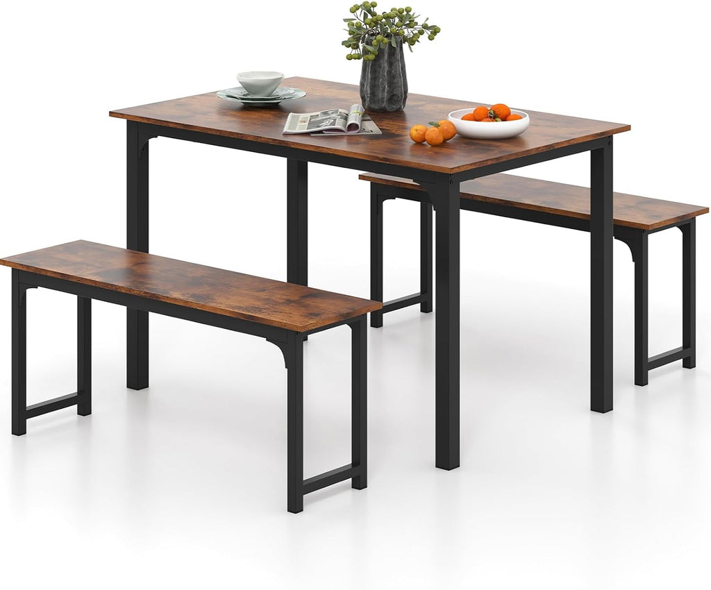 Tangkula 3-Piece Dining Table Set with Bench, Rectangular Kitchen Table with 2 Benches, Metal Frame, Space-Saving Furniture, Modern 4-Person Dinette for Kitchen, Dining Room (Rustic Brown)