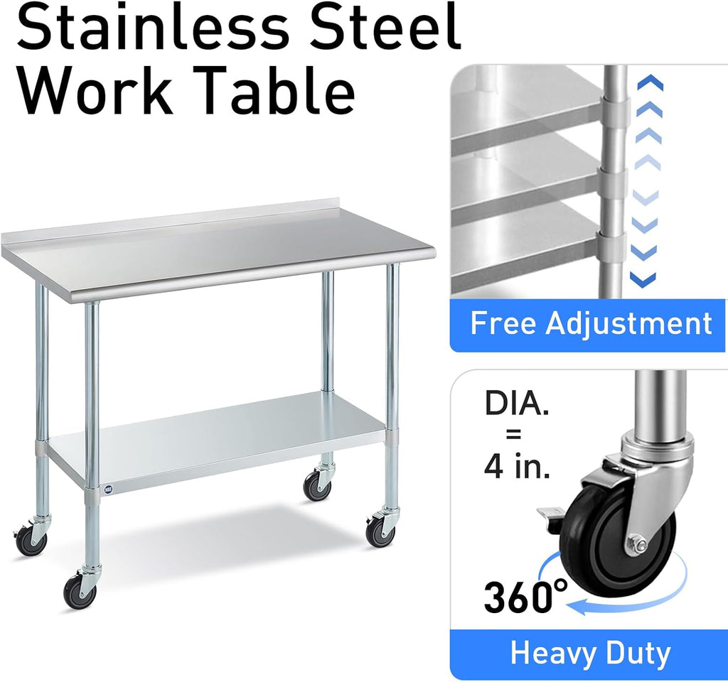 Stainless Steel Table for Prep & Work with Caster & Backsplash 30x60 Inches, NSF Metal Commercial Kitchen Heavy Duty Table with Adjustable Under Shelf and Table Foot for Restaurant, Home and Hotel