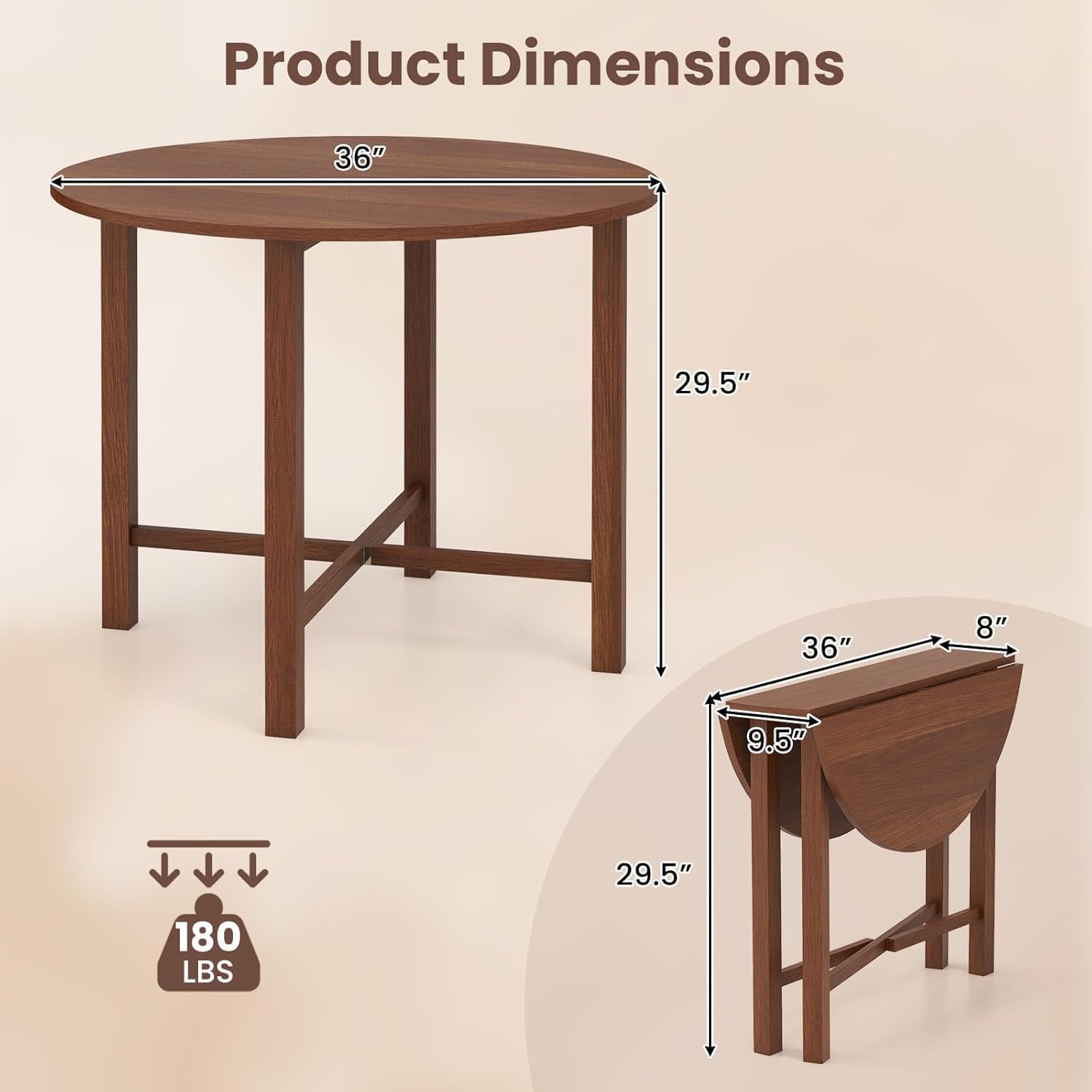 Giantex 36' Folding Dining Table for 2-4, Extendable Drop Leaf Kitchen Table with Solid Rubber Wood Frame, Space-Saving Round Dinner Table for Small Space, Living Dining Room, Dinette, Walnut