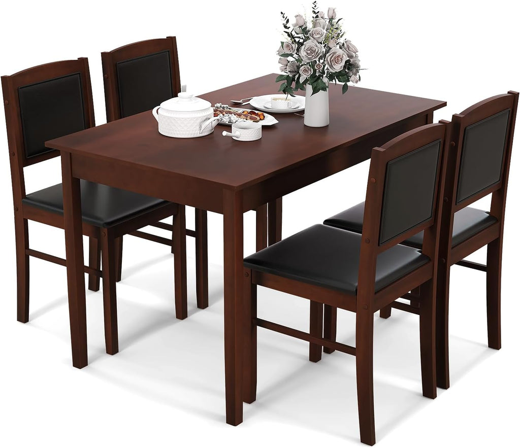 Tangkula Dining Table Set for 4, Farmhouse Solid Wood Dinette Set w/Rubber Wood Legs, Upholstered Seat & Padded Backrest, Mid-Century Modern Dining Table and Chairs Set for Kitchen, Dining Room