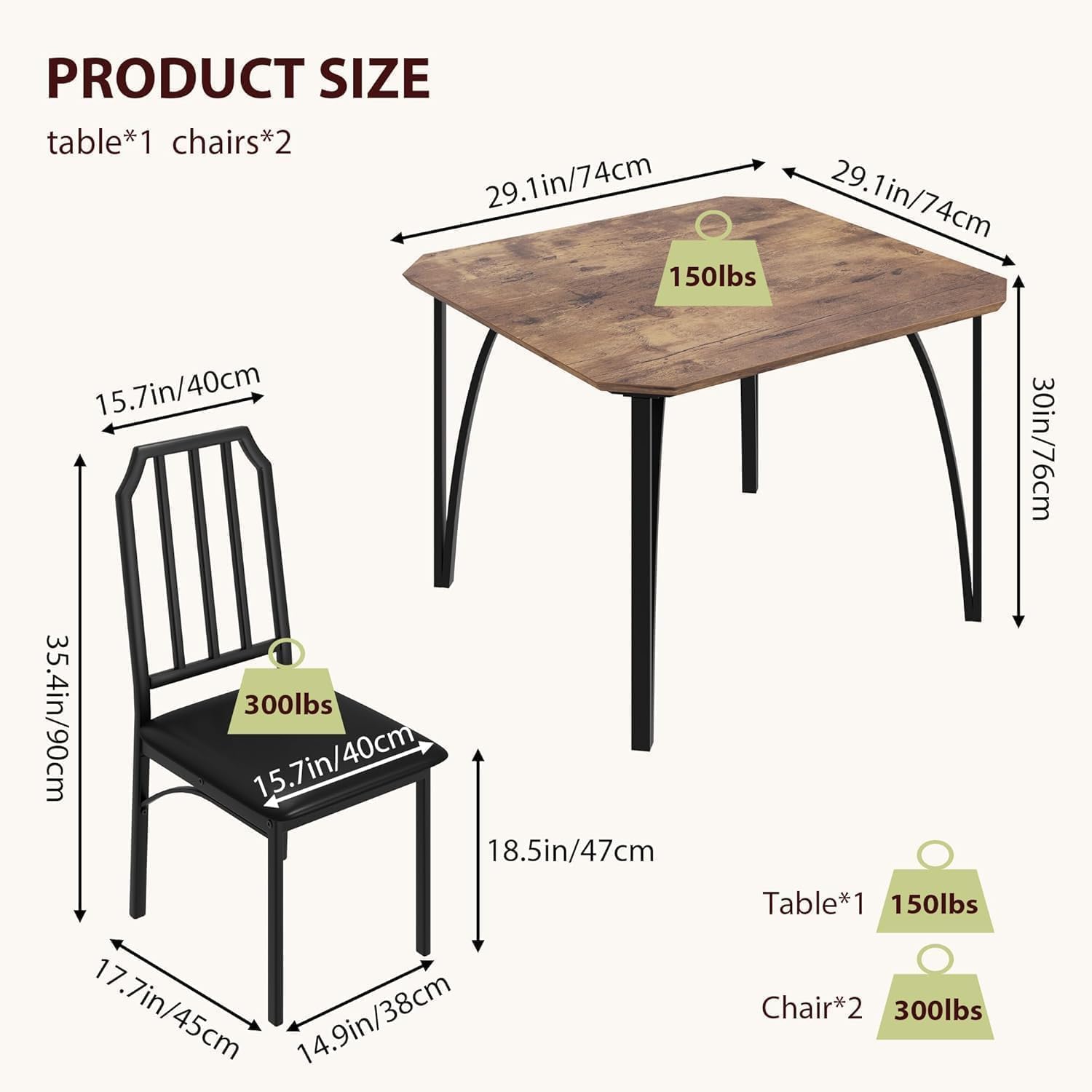 IDEALHOUSE Dining Table Set for 2, Kitchen Table Set of 2 with Upholstered Cushion Chairs, Dining Room Table Set with Kitchen Chairs, Easy to Assemble, Suitable for Apartment - (Rustic Brown)