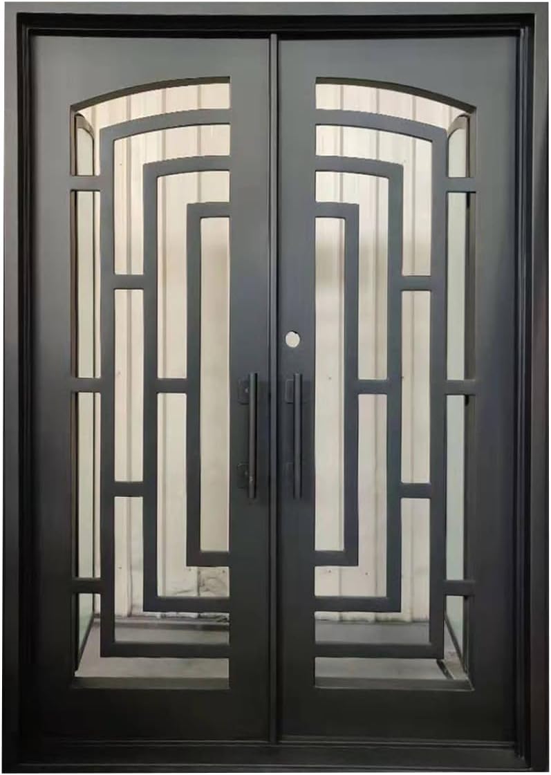 Belton Model Exterior Double Front Entry Door Wrought Iron with Fixed Tempered Lowe E Glass Inside Swing Dark Bronze Finish (Dark Bronze, 40 by 100 Single (Hinge On Left))