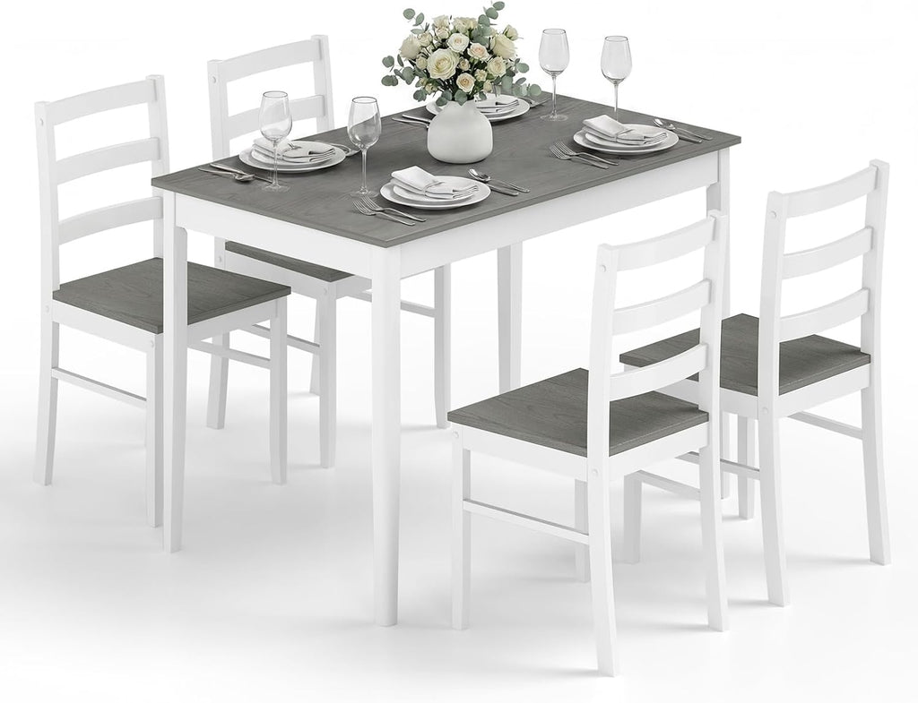 Giantex 5-Piece Dining Table Set for 4, 45' Rectangular Kitchen Table and Chairs Set with Solid Rubber Wood Legs, Space Saving Dinette Set for Small Space, Breakfast Nook, Restaurant (Grey)