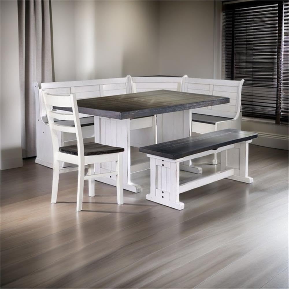 Pemberly Row 4-Piece Farmhouse Wood Breakfast Nook Set with Hidden Storage, Reversible Seating, Great for Small Spaces, in White & Brown Finish