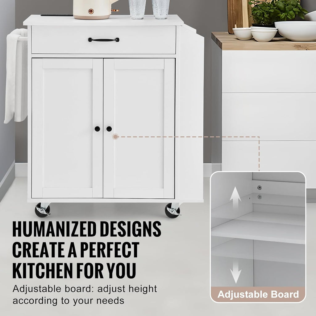 VEVOR Kitchen Island Cart, 32' Mobile Carts with Storage Cabinet, Rolling Table with Power Outlet, Spice Rack, Towel Bar, Adjustable Shelf, Drawer, Dining Living Room Portable Islands on Wheels, White