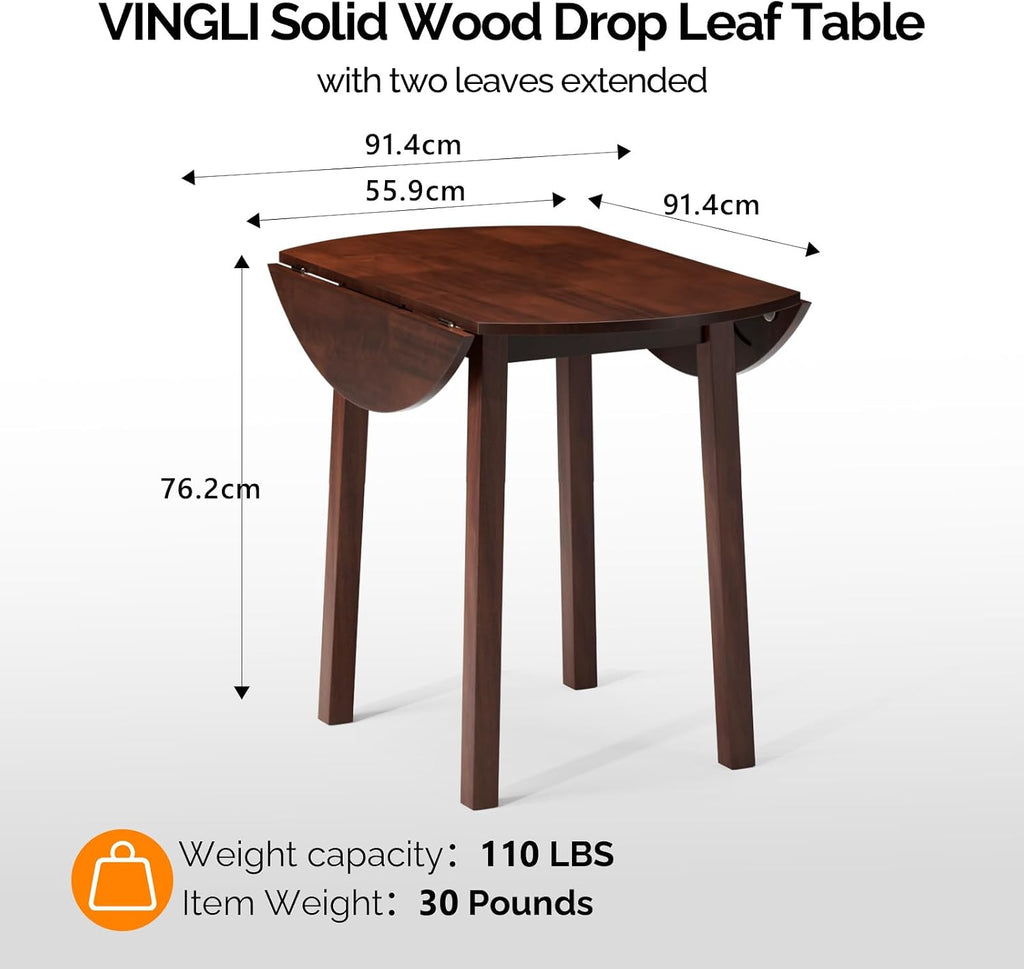 VINGLI 35' Solid Wood Folding Dining Table, Drop Leaf Kichen Dining Room Desk for Small Spaces, Small Kitchen, Expandable Folding Round Table for Home, Apartment,Office, Brown