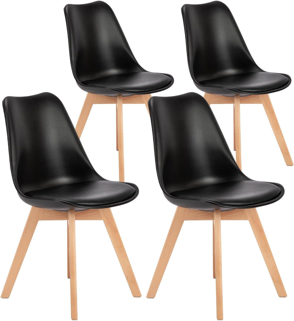OLIXIS Set of 4 Dining Kitchen Mid-Century Modern Chairs with Wood Legs and PU Leather Cushion, Upholstered Seating for Living Room Bedroom Outdoor Lounge, Black