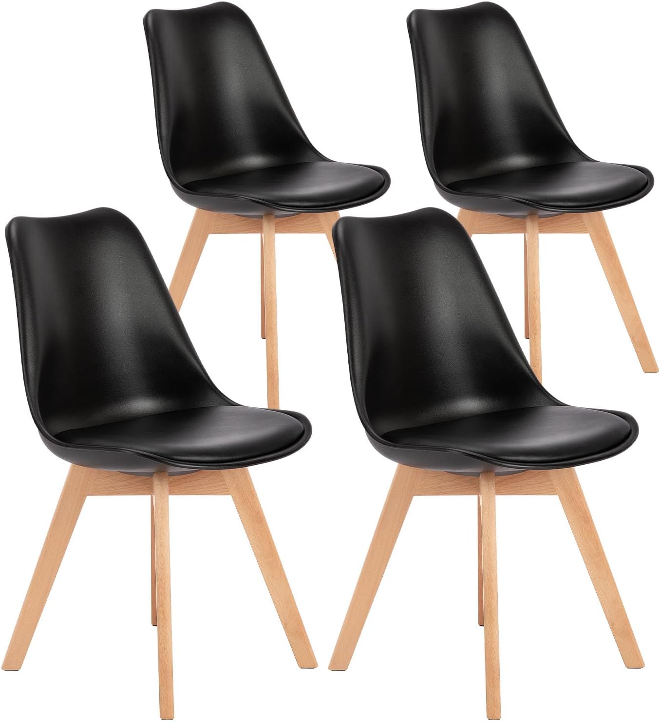 OLIXIS Set of 4 Dining Kitchen Mid-Century Modern Chairs with Wood Legs and PU Leather Cushion, Upholstered Seating for Living Room Bedroom Outdoor Lounge, Black