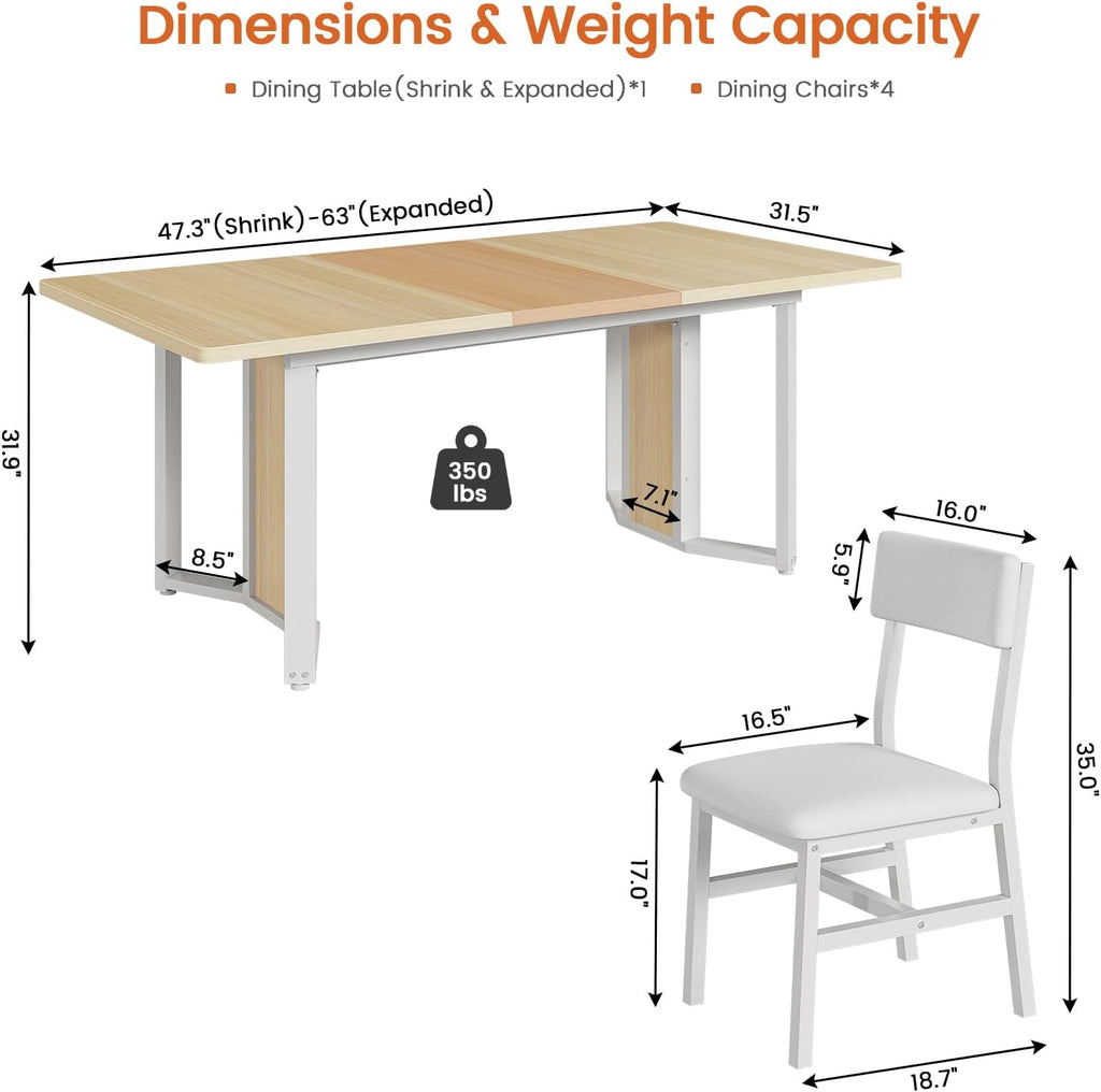 Itaar 5-Piece Dining Table Set for 4-6 People, 63' Extendable Kitchen Table and 4 Cushion Chairs, Dining Room Table with MDF Board & Metal Frame for Small Space, Easy Clean, Natural