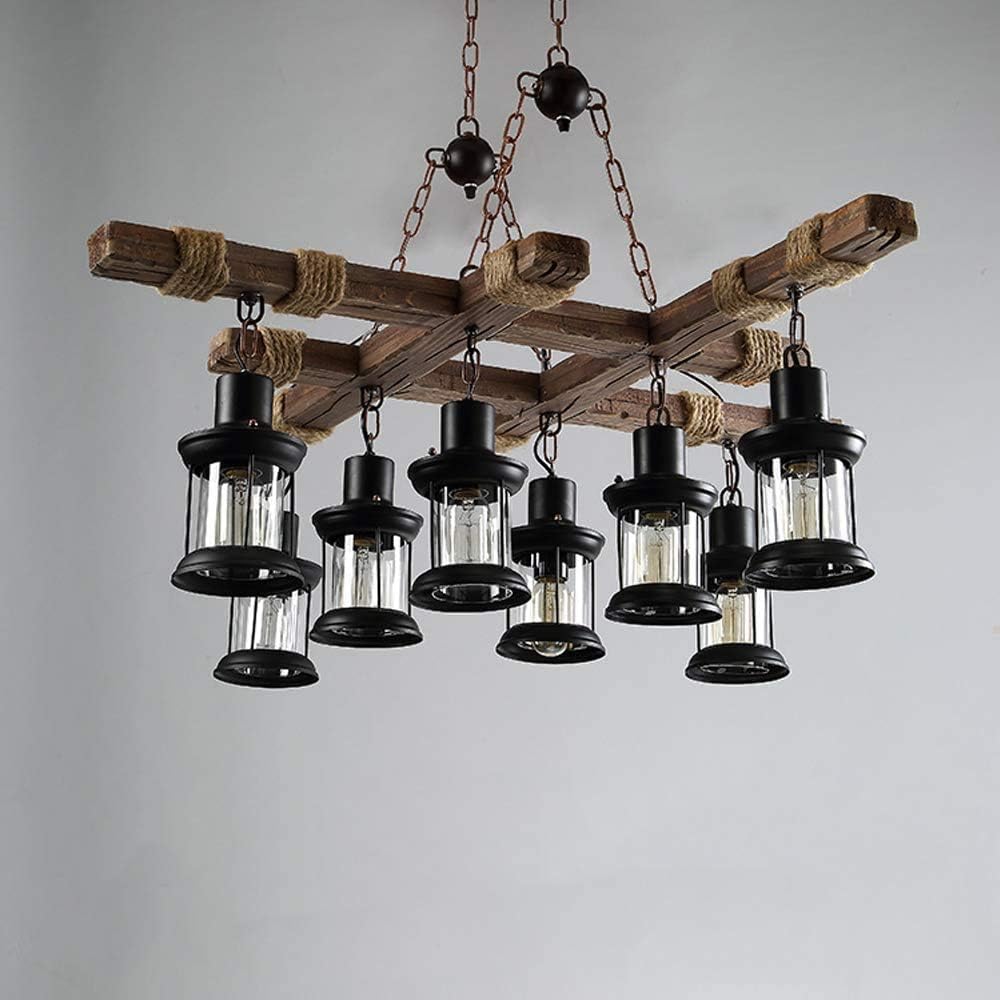 GHY 8 Lights Industrial Wooden Hanging Lighting Black Metal Chandelier Farmhouse Vintage Pendant Lamp Glass Lampshade for Pool Table Kitchen Island Bar Retro Ceiling Light Height Adjustable Fixture