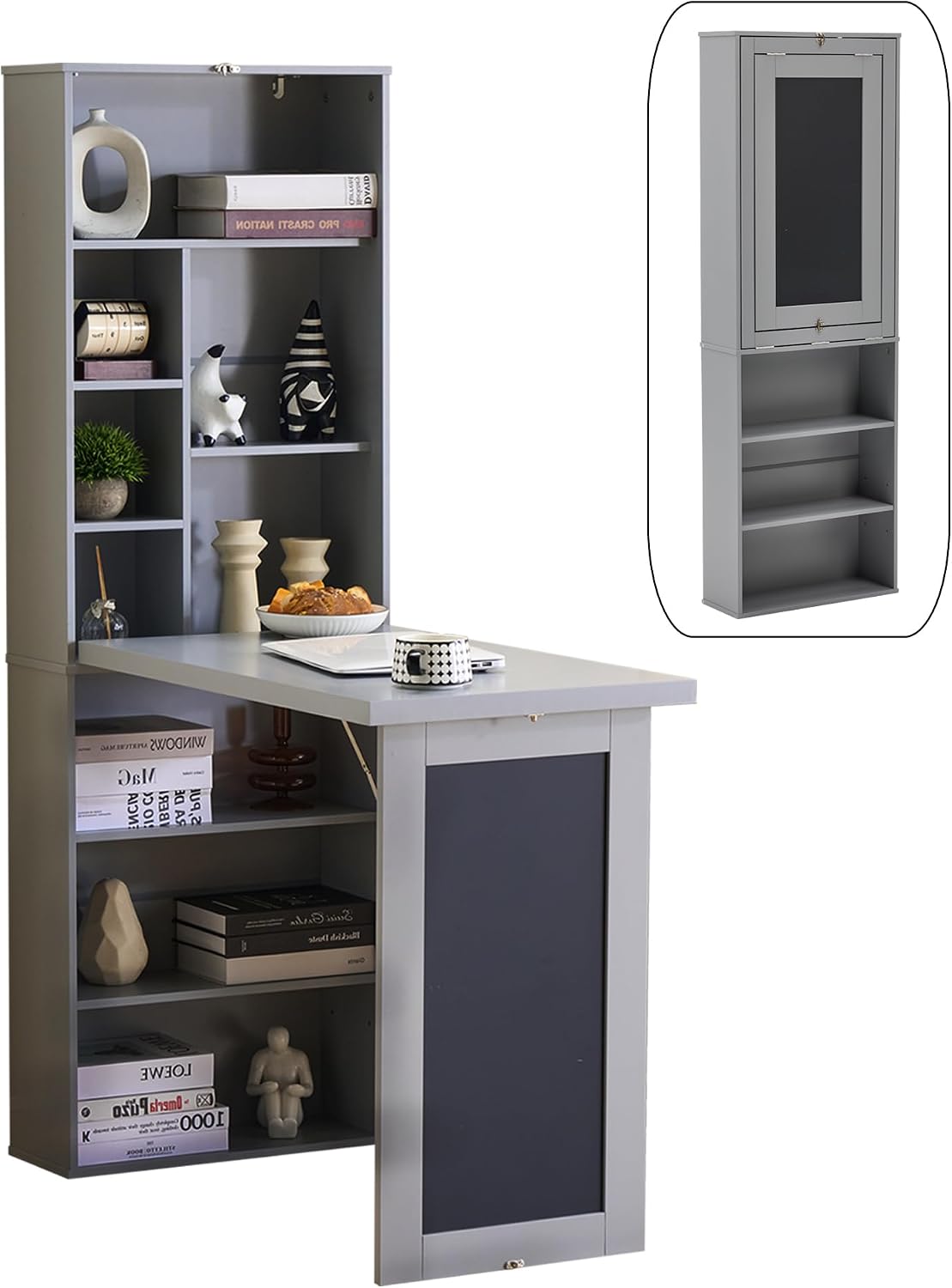Folding Desk with Storage,Foldable Convertible Writing table with Blackboard and Shelves,Wall Mount Fold Out Table Cabinet , Space-Saving Murphy Desk for Multi-Function Home Office Workstation (Grey)