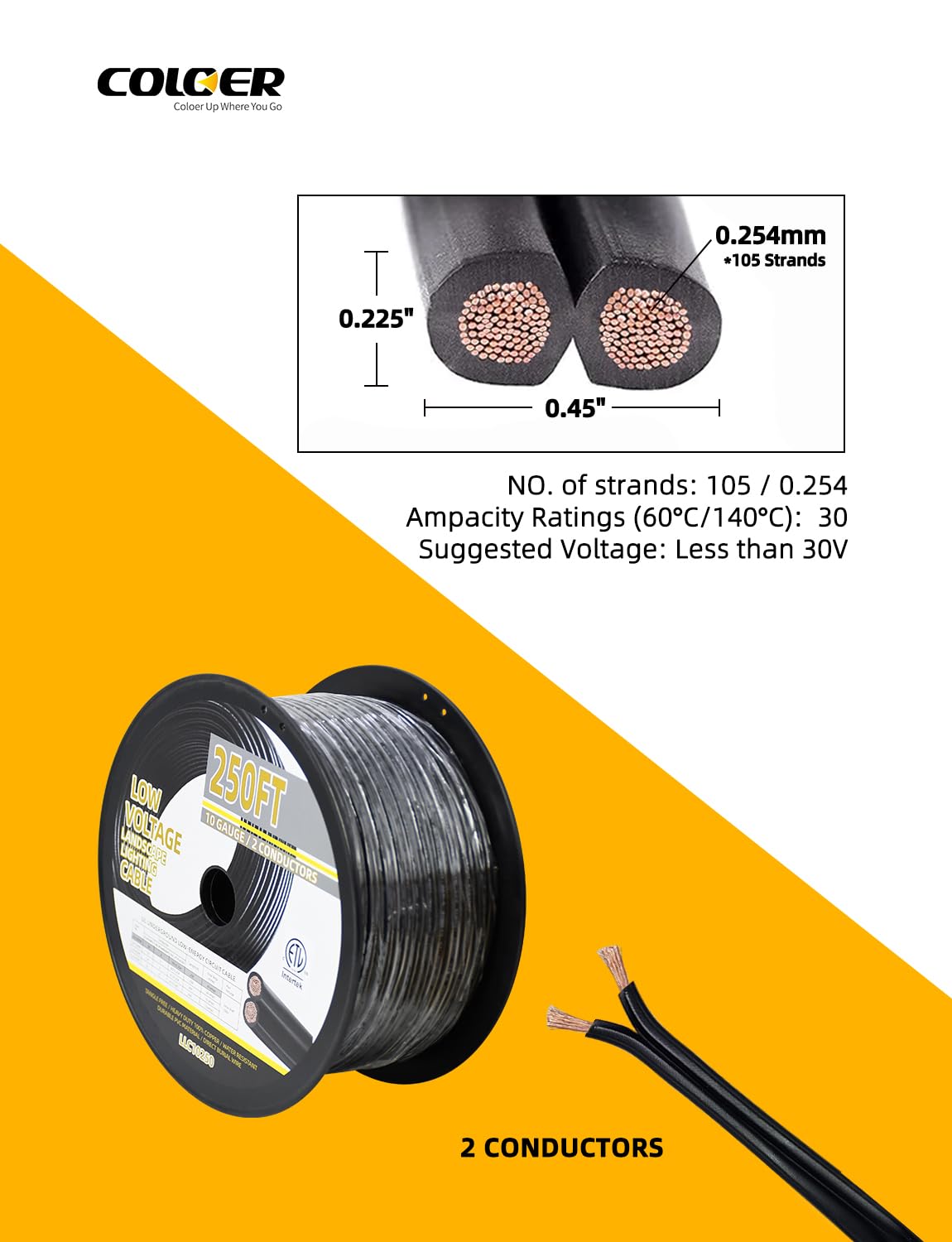 COLOER 250ft 10/2 Low Voltage Landscape Lights Wire Stranded PVC Cord Pure Copper Cable 10 Gauge 2 Conductor Tangle Free Outdoor Landscape Lighting Direct Burial Electrical Cable