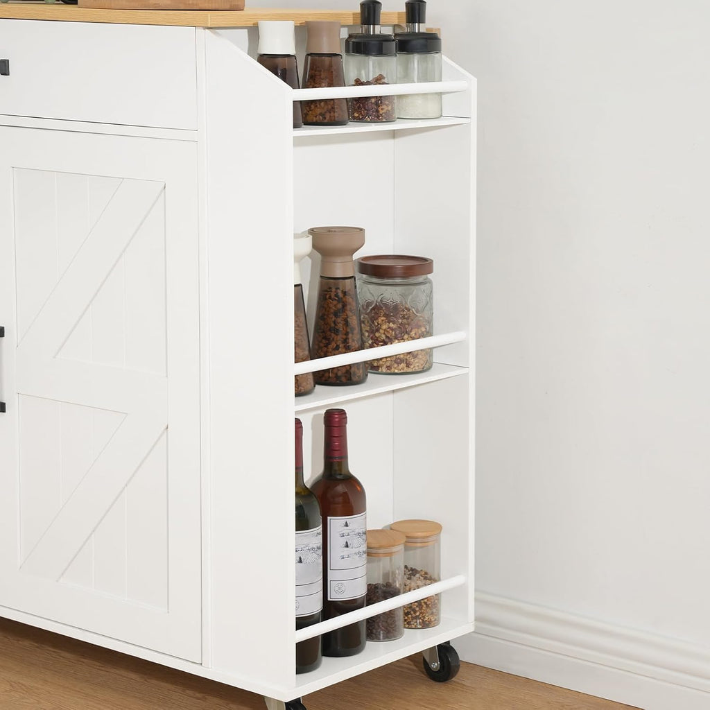 HOOBRO Kitchen Island with Drop Leaf Countertop & Power Outlet, Rolling Island Cart on Wheels, Kitchen Cart with Drawer & Spice Rack, Mobile Island Table for Kitchen, White and Natural WN86UZD01