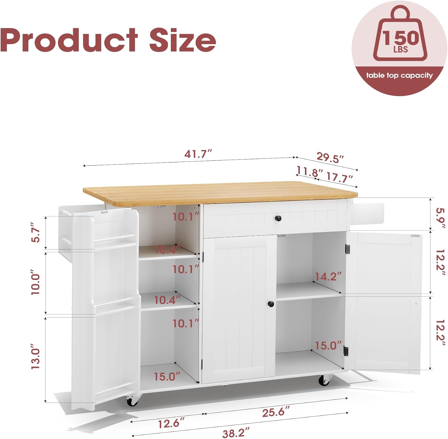 GRUSIGN Kitchen Island with Storage, 41.7' Rolling Cart with Drop Leaf, Portable Island Table on Wheels, Spice Rack, Towel Rack and Drawer, White, 41.7' L x 29.5' W