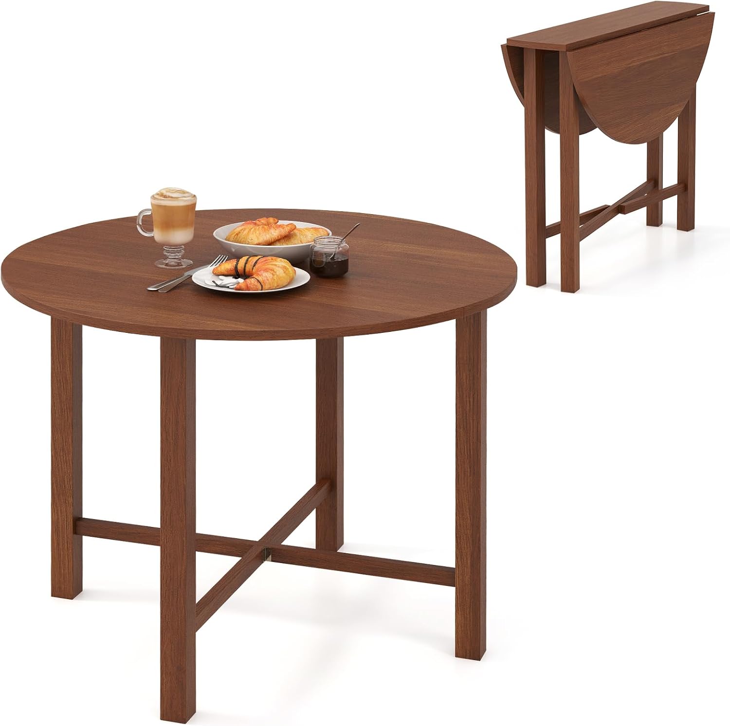 Tangkula 36' Foldable Round Dining Table, Kitchen Table w/Solid Rubber Wood Legs, Dual Drop Leaf Design, Farmhouse Circle Diner Table for 2-4 People, Dining Room, Living Room, Restaurant (Round)