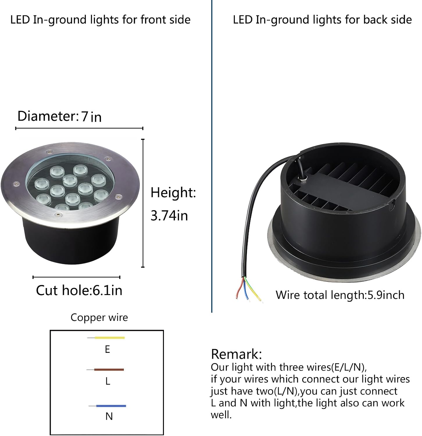 12W Outdoor In Ground Lights,Line Voltage 110V 120V,Diameter 7 inches,Warm White 3000K,Wired LED Landscape Lighting,Recessed Well Light for Driveway,Pathway,Step,Deck,Pack of 4