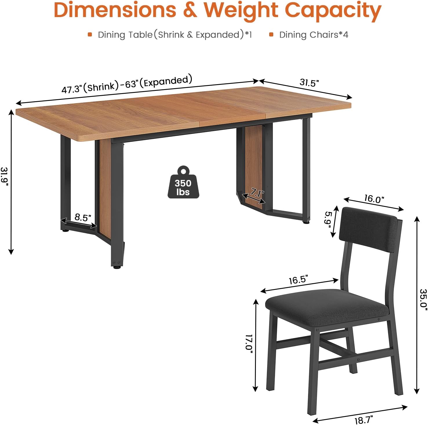 Itaar 5-Piece Dining Table Set for 4-6 People, 63' Extendable Kitchen Table and 4 Cushion Chairs, Dining Room Table with MDF Board & Metal Frame for Small Space, Easy Clean, Brown