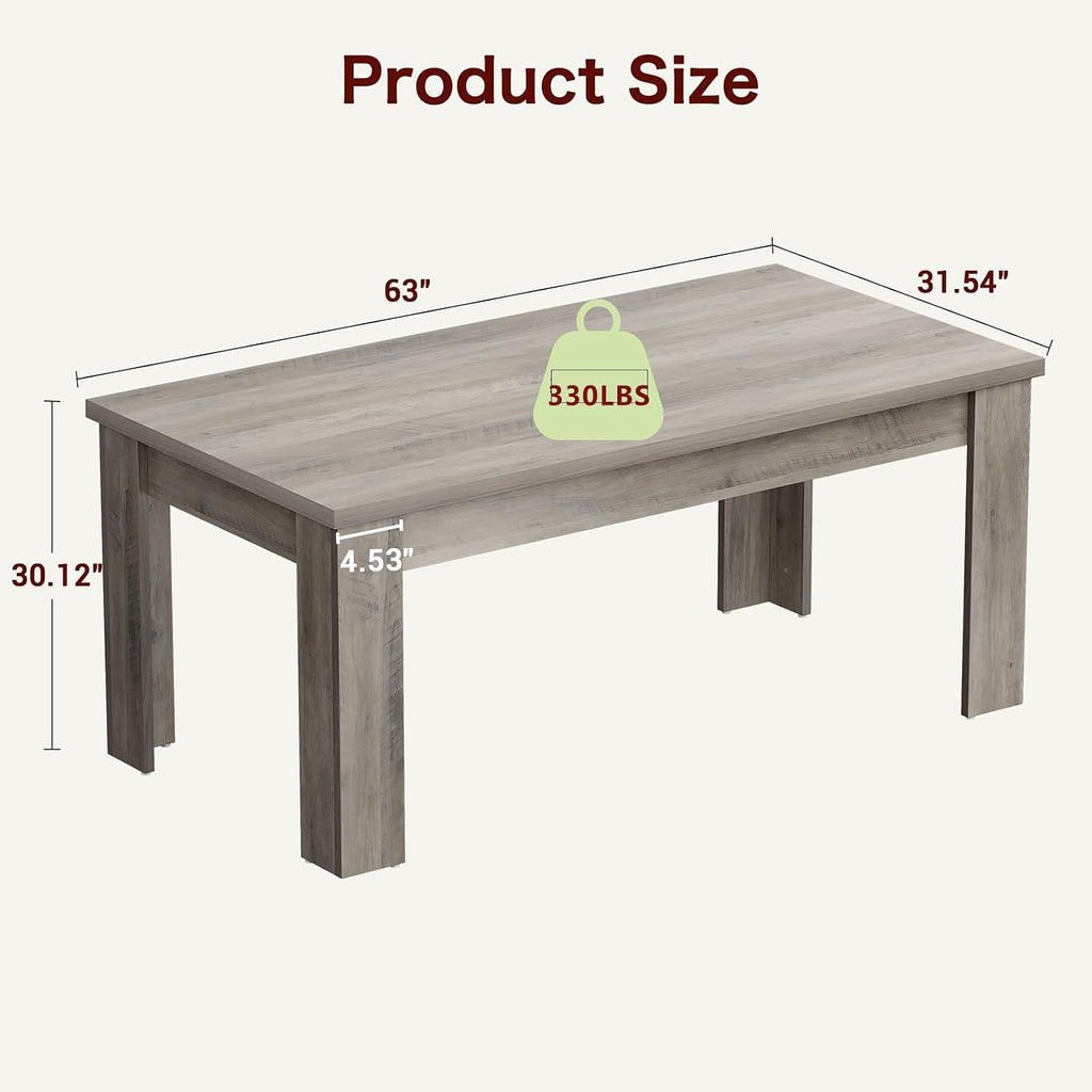 CABIHOME 63' Rectangular Dining Table for 4-6, Farmhouse Large Kitchen Table, Sturdy Frame, 4 Triangular Stable Legs, Thickened Tabletop, Ideal for Apartment, Dining Room, Small Space, Retro Gray