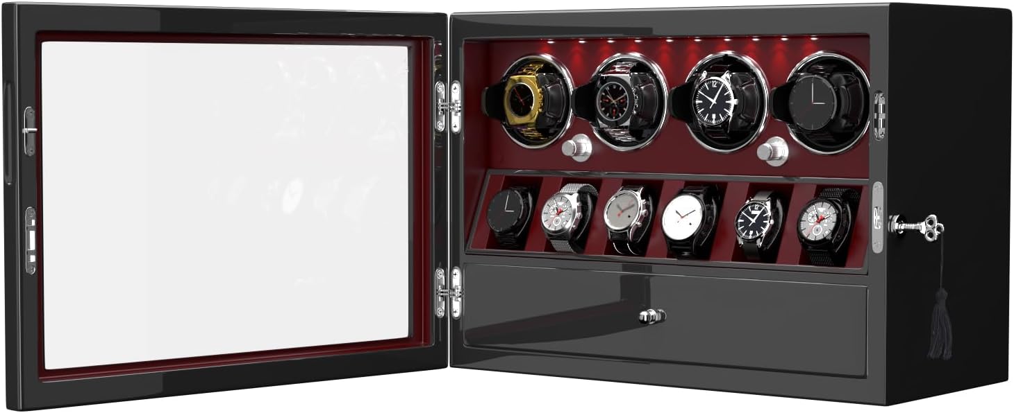 DUKWIN Watch Winder for 4/6/8 Automatic Watches, Lockable Winders with Watch Holders and Jewelry Storage, Super Quiet Motor with High-Gloss Finish, Built-in Illumination