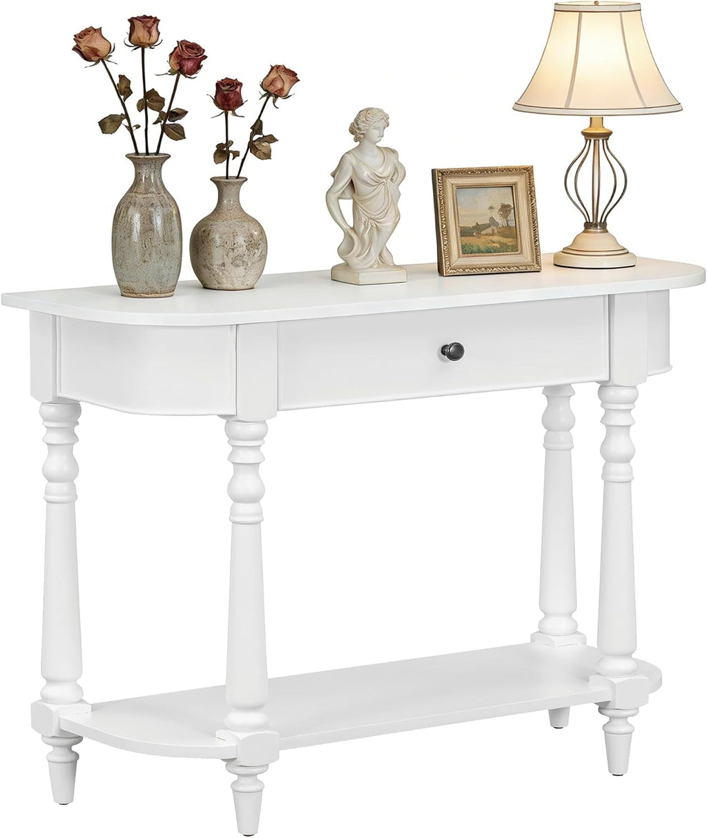 LKTART Solid Wood Corner-Curved Console Table,Farmhouse Space-Saving Entryway Sofa Table with Drawer & Open Shelf for Living Room,Hallway,Foyer(White 36')