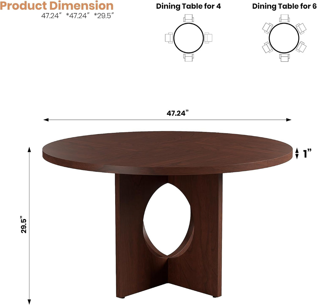 IDEALHOUSE 47' Round Dining Table, Kitchen Table for 4-6 People, Circle Tables with Sturdy Pedestal Base, Space Saving Dinning Room Furniture for Living Room, Kitchen, Apartment, Walnut