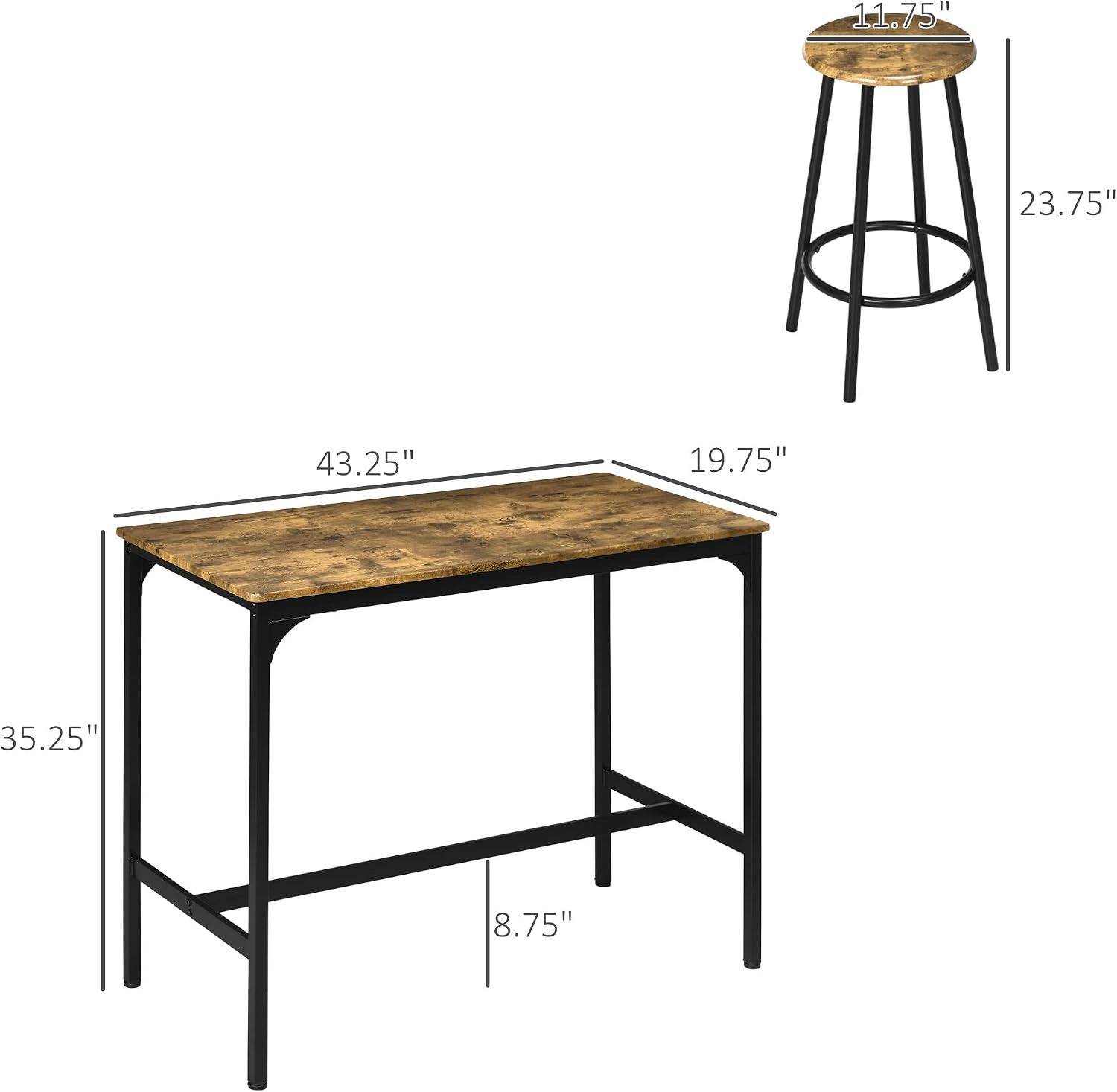HOMCOM 5-Piece Counter Height Bar Table Set, Rustic 43.25' Dining Table with 4 Bar Stools, Kitchen Table with Wooden Top for Pub, Dining Room, Rustic Brown