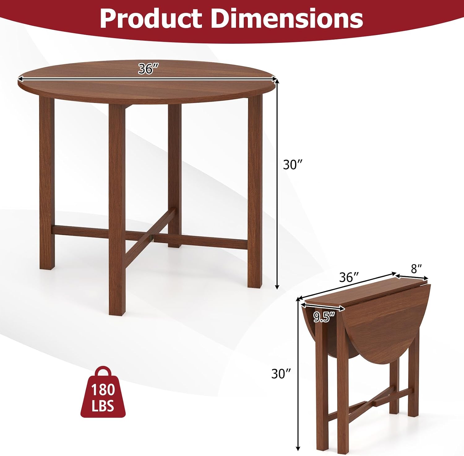Tangkula 36' Foldable Round Dining Table, Kitchen Table w/Solid Rubber Wood Legs, Dual Drop Leaf Design, Farmhouse Circle Diner Table for 2-4 People, Dining Room, Living Room, Restaurant (Round)