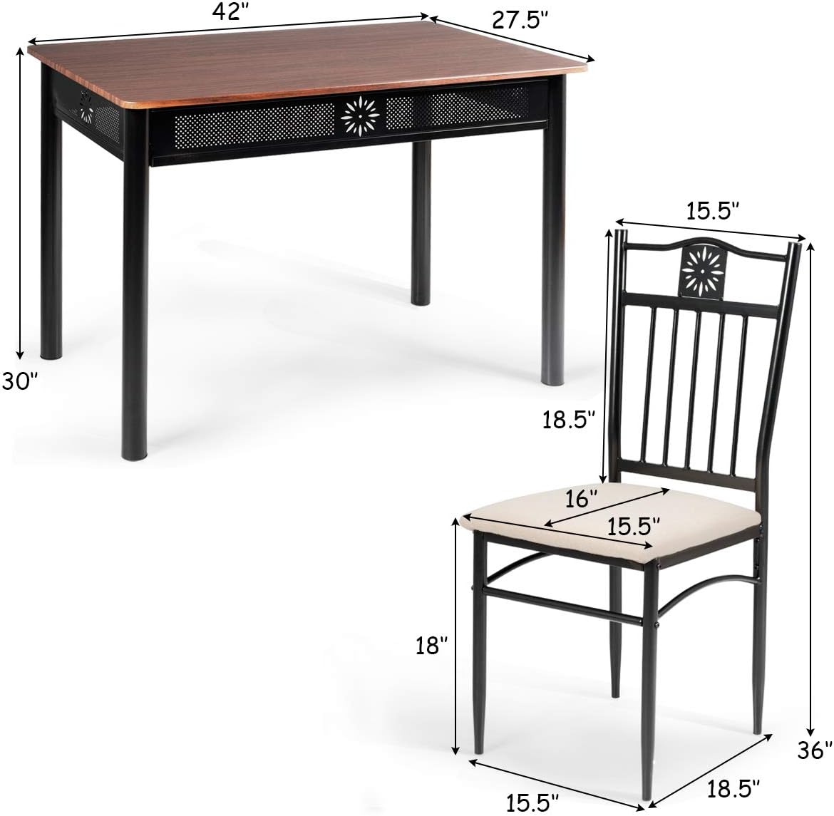 Tangkula 5 Pieces Dining Table and Chairs Set, Vintage Retro Wood Top Metal Frame Padded Seat Dining Table Set Home Kitchen Dining Room Furniture