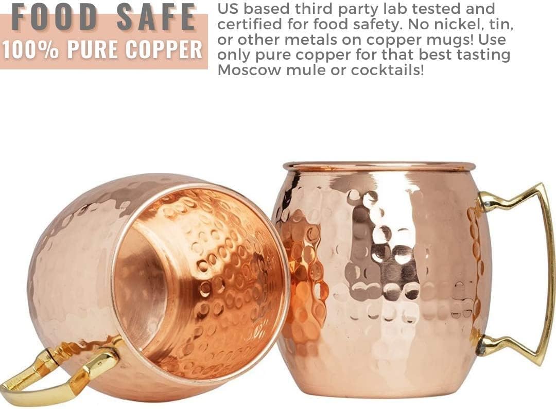 Kitchen Science Moscow Mule Copper Mugs Gift Set of 12 (16oz) – Pure Copper Hammered Barrel Style Cups w/Brass Handle, Food-Grade Lacquered Finish, Tarnish-Resistant, Includes Straws & Jigger