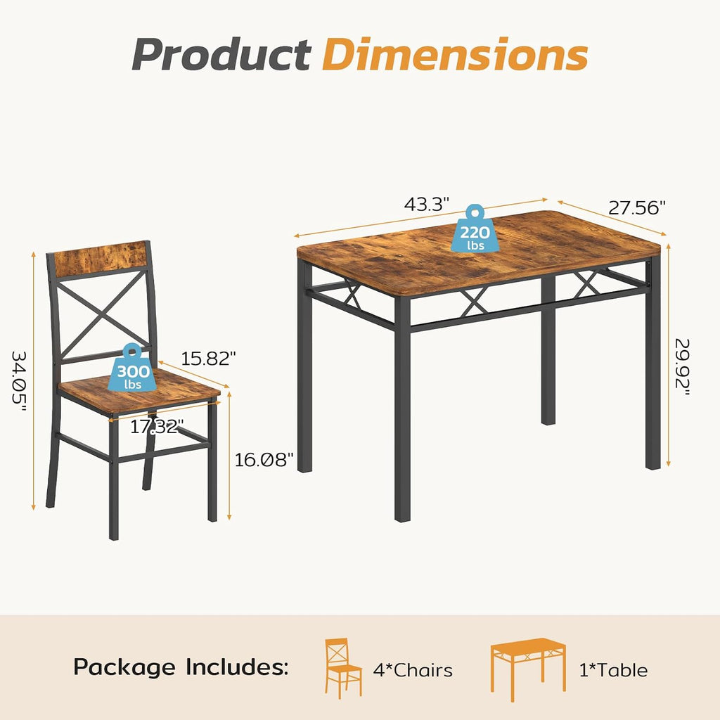 Zevemomo 5-Piece Dining Table Set, Breakfast Nook Table Set, Kitchen Table Chairs Set of 4, Small Dining Table Set for 4 X-Shaped Curved Backrest Chairs, for Small Spaces & Living Room-Rustic Brown