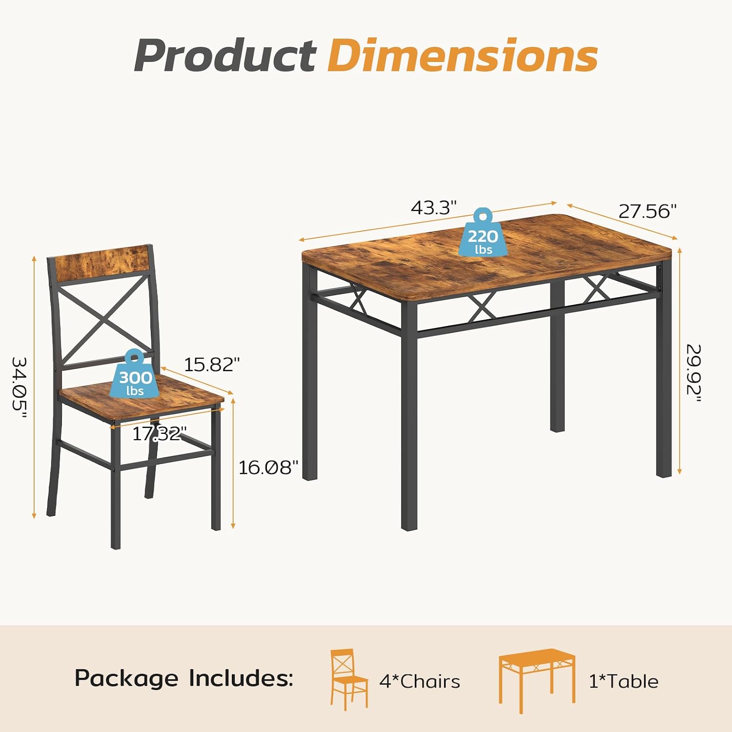 Zevemomo 5-Piece Dining Table Set, Breakfast Nook Table Set, Kitchen Table Chairs Set of 4, Small Dining Table Set for 4 X-Shaped Curved Backrest Chairs, for Small Spaces & Living Room-Rustic Brown