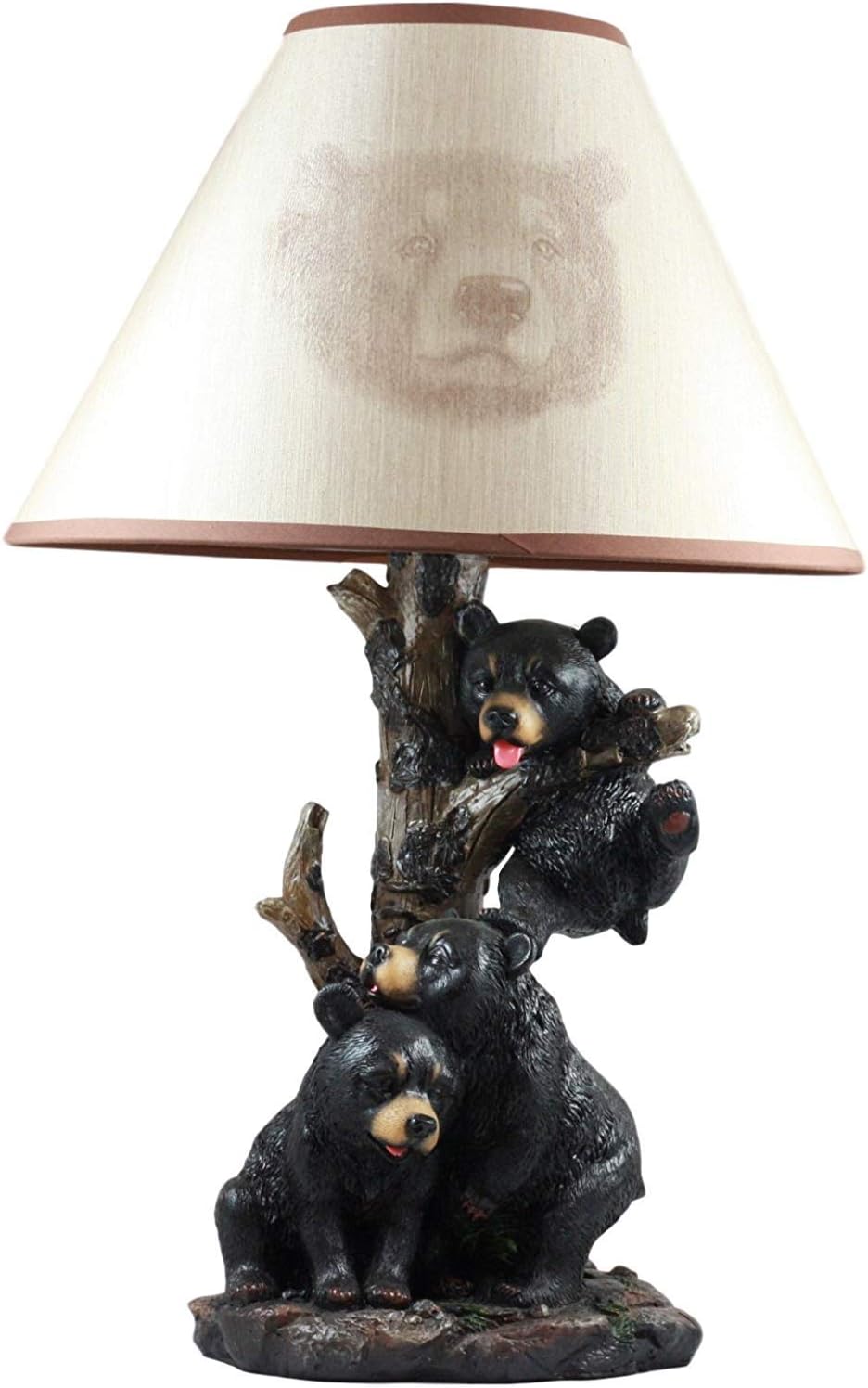 Ebros Wildlife Whimsical Climbing Black Bear Cubs Table Lamp Statue Decor with Bear Face Printed Shade Three Cuddly Sibling Bears Little Rascals Playing by Tree Desktop Lamp (Set of 2)