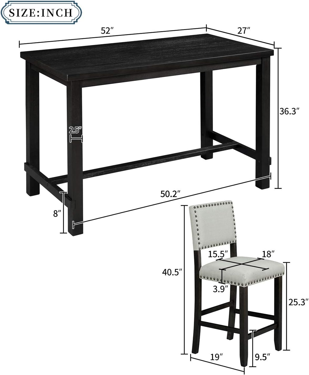 Merax 5 Piece Dining Table Set for 4,Counter Height Kitchen Table Set with One Rectangle Table and 4 Cushioned Chairs for 4 Persons Dining Room Table Set for Small Place