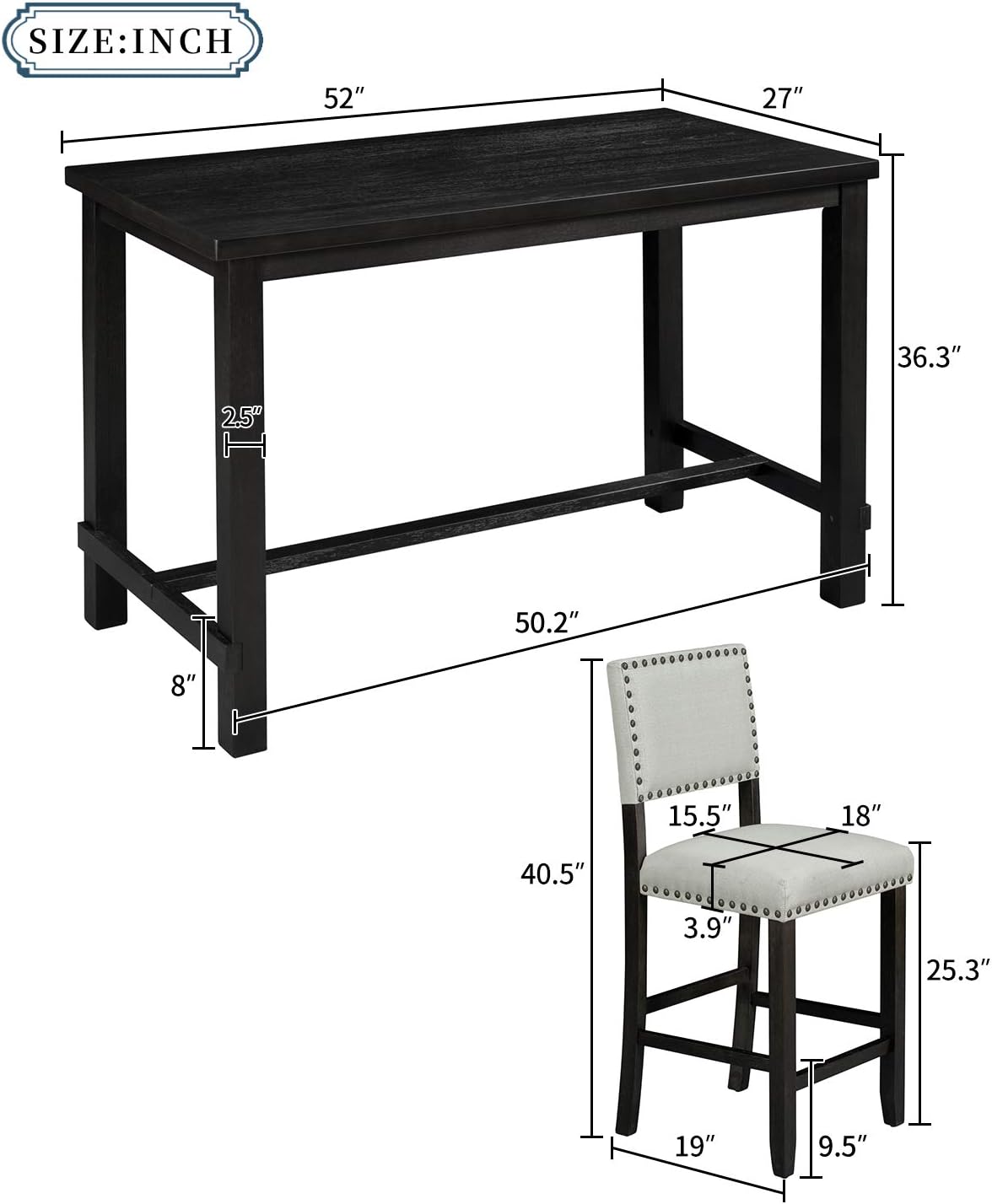 Merax 5 Piece Dining Table Set for 4,Counter Height Kitchen Table Set with One Rectangle Table and 4 Cushioned Chairs for 4 Persons Dining Room Table Set for Small Place
