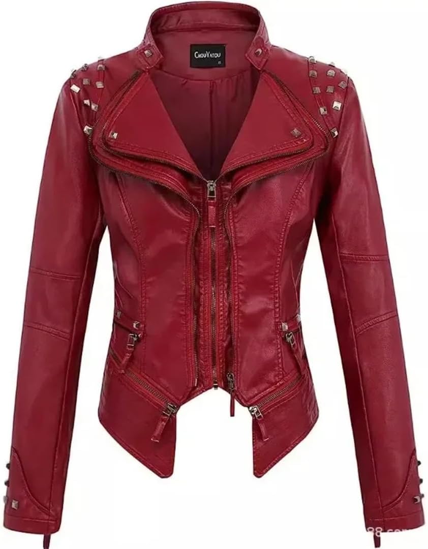 Women Lapel Rivets Decorated Waist Short Washed PU Leather Jacket