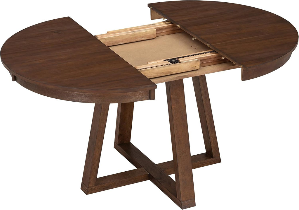 Bellemave 5-Piece Dining Table Set, Extendable Round Dining Table with 16' Removable Leaf, 4 Upholstered Button Tufted Chairs, Acacia Veneer Tabletop (Walnut)