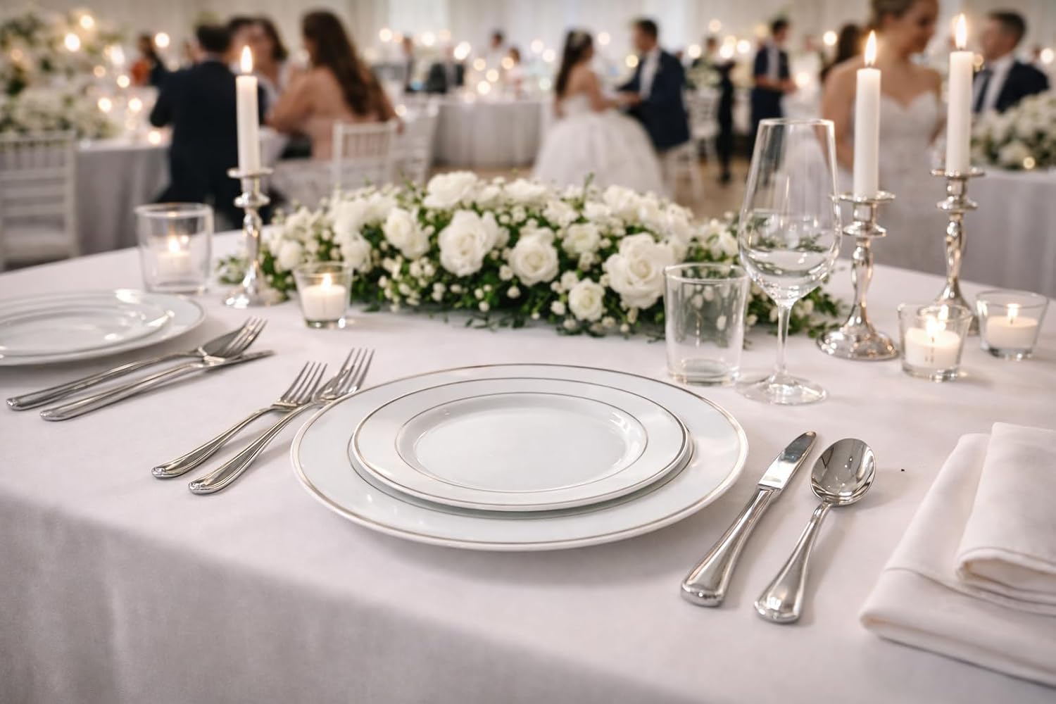 ' OCCASIONS ' 1080 pcs/120 Guest-Full Tableware SetWedding Disposable Plastic Plates Silverware, Silver Rim Tumblers & Linen Feel Napkins/Metal Napkin Rings(Combo D, White & Silver Rim)