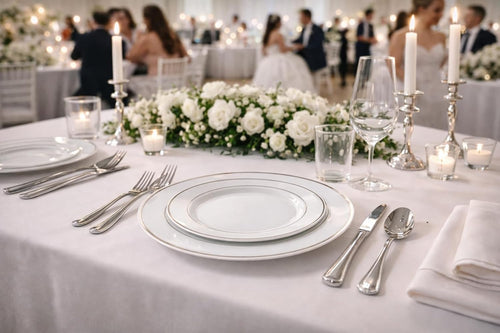 ' OCCASIONS ' 1080 pcs/120 Guest-Full Tableware SetWedding Disposable Plastic Plates Silverware, Silver Rim Tumblers & Linen Feel Napkins/Metal Napkin Rings(Combo D, White & Silver Rim)
