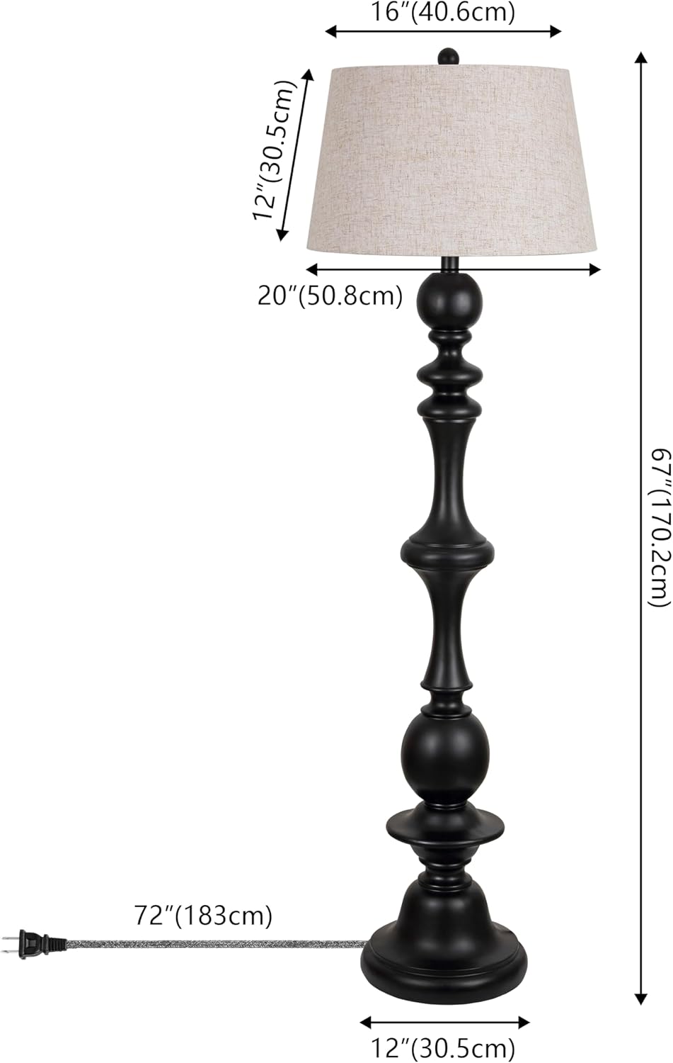 JONATHAN Y 67' Black Resin Candlestick Floor Lamp Farmhouse Rustic Traditional Standing Lamp for Living Room with Beige Linen Empire Shade LED Bulb Included JYL3000B