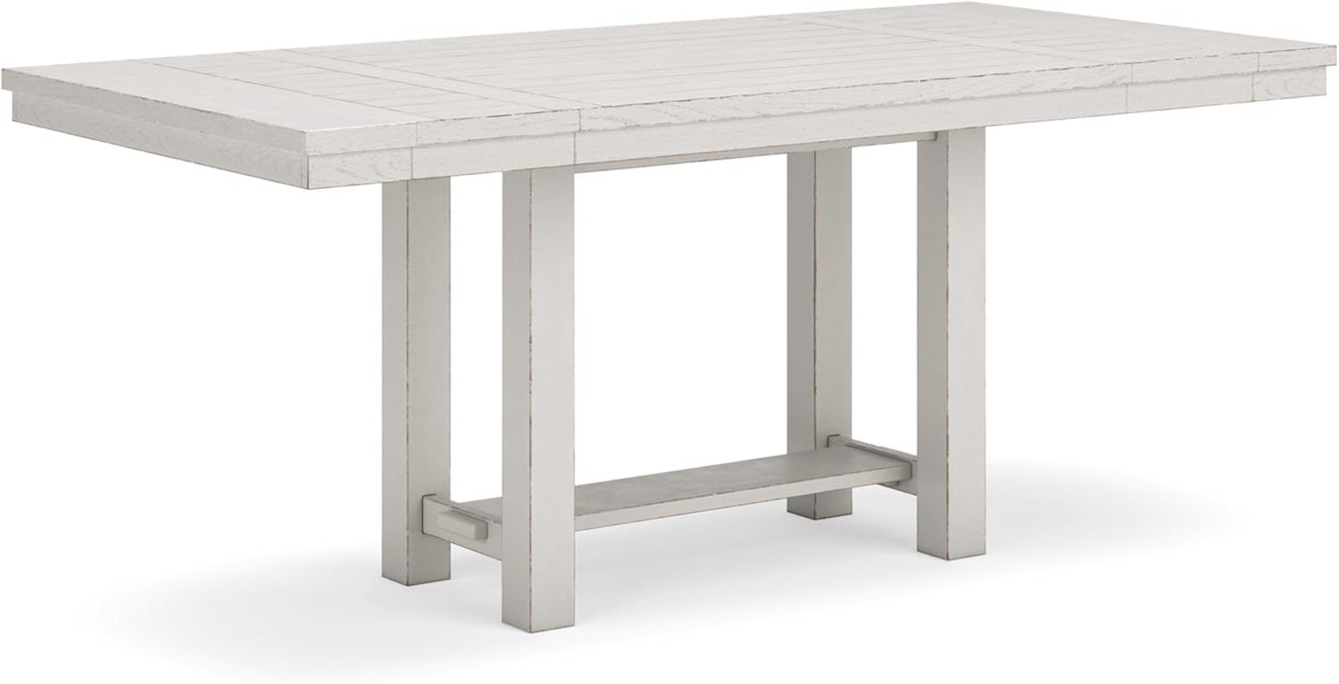 Signature Design by Ashley Robbinsdale Farmhouse Distressed Counter Height Dining Extension Table with Trestle Base, Planked Effect and 2 Removable End Leaves, White
