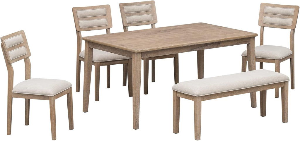 Merax 6-Piece Farmhouse Dining Table Set for 6, Solid Wood Rectangle Kitchen Table with 4 Upholstered Chairs & 1 Bench, Rustic Dining Room Set- Natural Wood Wash