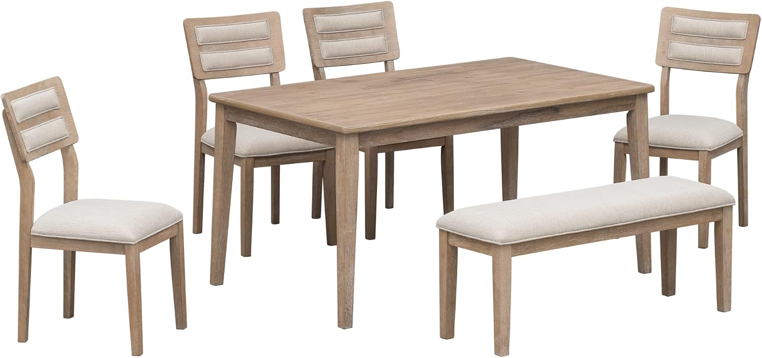 Merax 6-Piece Farmhouse Dining Table Set for 6, Solid Wood Rectangle Kitchen Table with 4 Upholstered Chairs & 1 Bench, Rustic Dining Room Set- Natural Wood Wash
