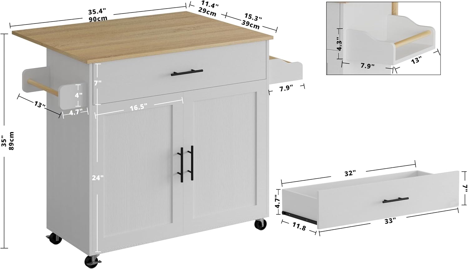 IRONCK Rolling Kitchen Island Table on Wheels with Drop Leaf, Storage Cabinet, Drawer, Spice/Towel Rack, Kitchen Cart, 47.25' Wide White