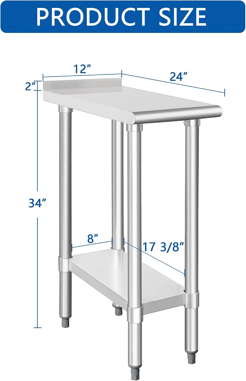HARDURA Stainless Steel Commercial Work Table Prep Work Metal Table 24×12 Inches with Undershelf and 2' Backsplash Heavy Duty NSF 430 for Kitchen Food Prep