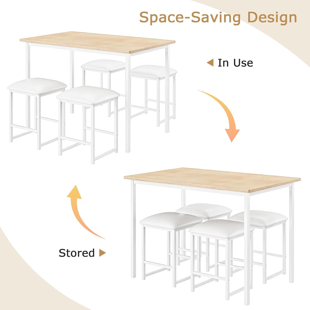 VECELO Kitchen Table and Chairs for 4, Dining Room Set with PU Chairs/Stools, Heavy-Duty Metal Frame, Wooden Tabletop, Space-Saving Design for Small Spaces, Easy Assembly, Oak